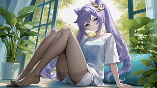 紫发少女窗边闲坐