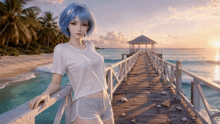 滨海栈道蓝发少女