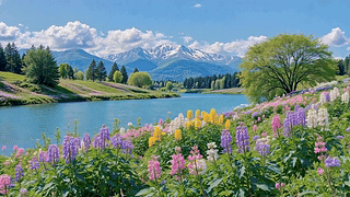 晴日湖畔花海远山