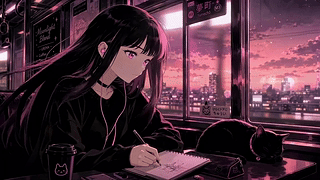 粉紫夜色列车上的少女与黑猫