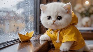 雨天窗边的软萌小白猫