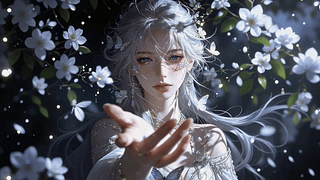 花簇间的银发少女