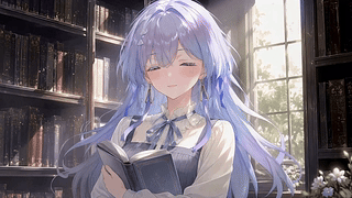 窗边书架旁的紫发少女
