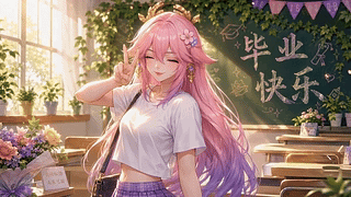 毕业季的粉发少女