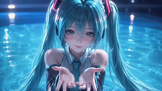 泳池边的蓝发少女