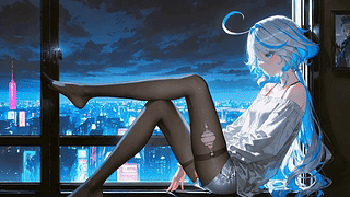 蓝发少女倚窗观夜城
