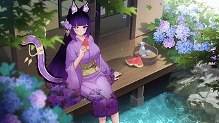 Nyanny 的 YCH 动画插画 | 夏日庭院浴衣休闲 - 日式庭园