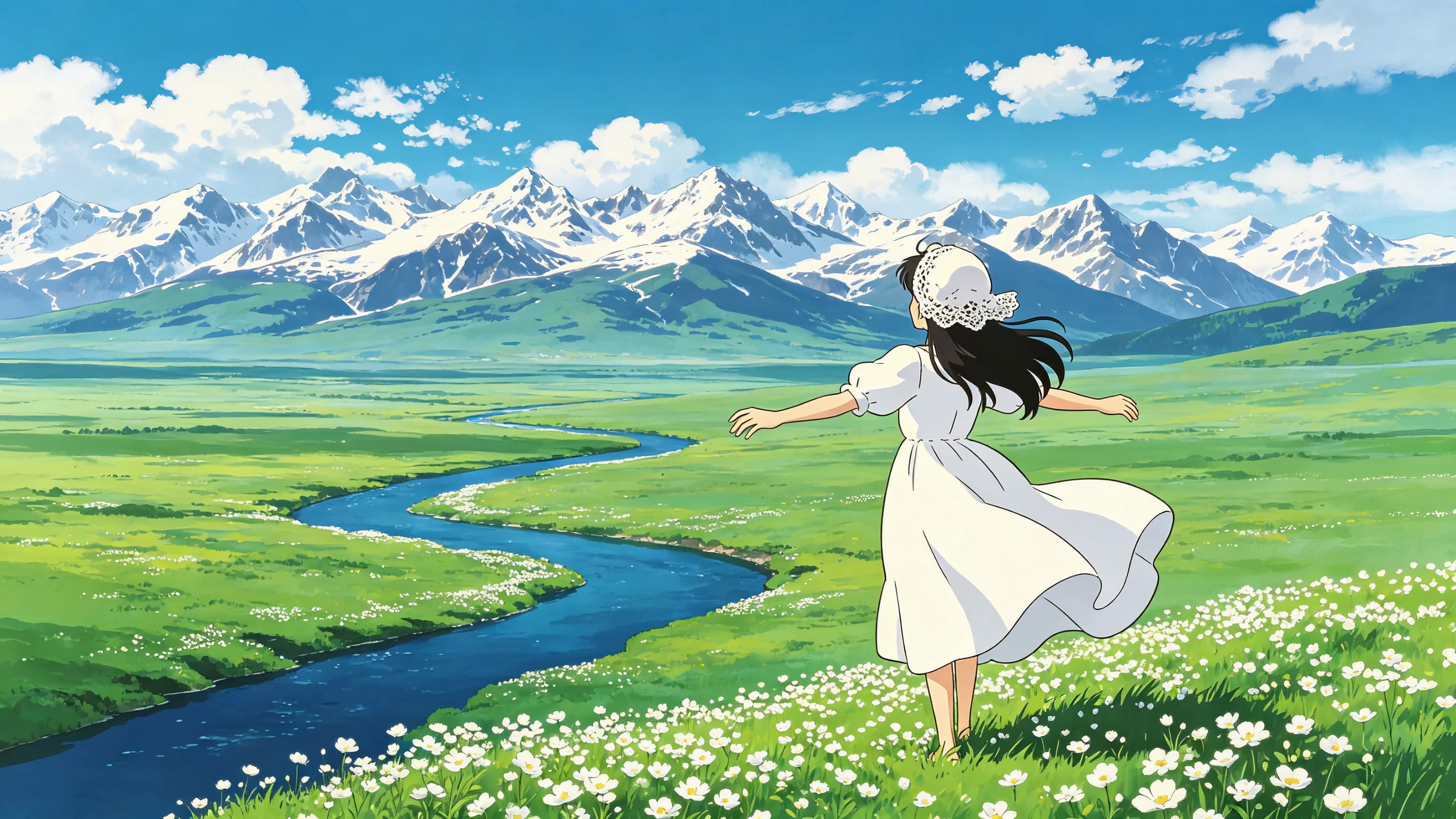 山川流水白裙少女背影