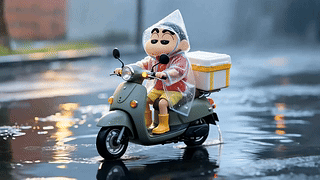 雨中骑行的小新