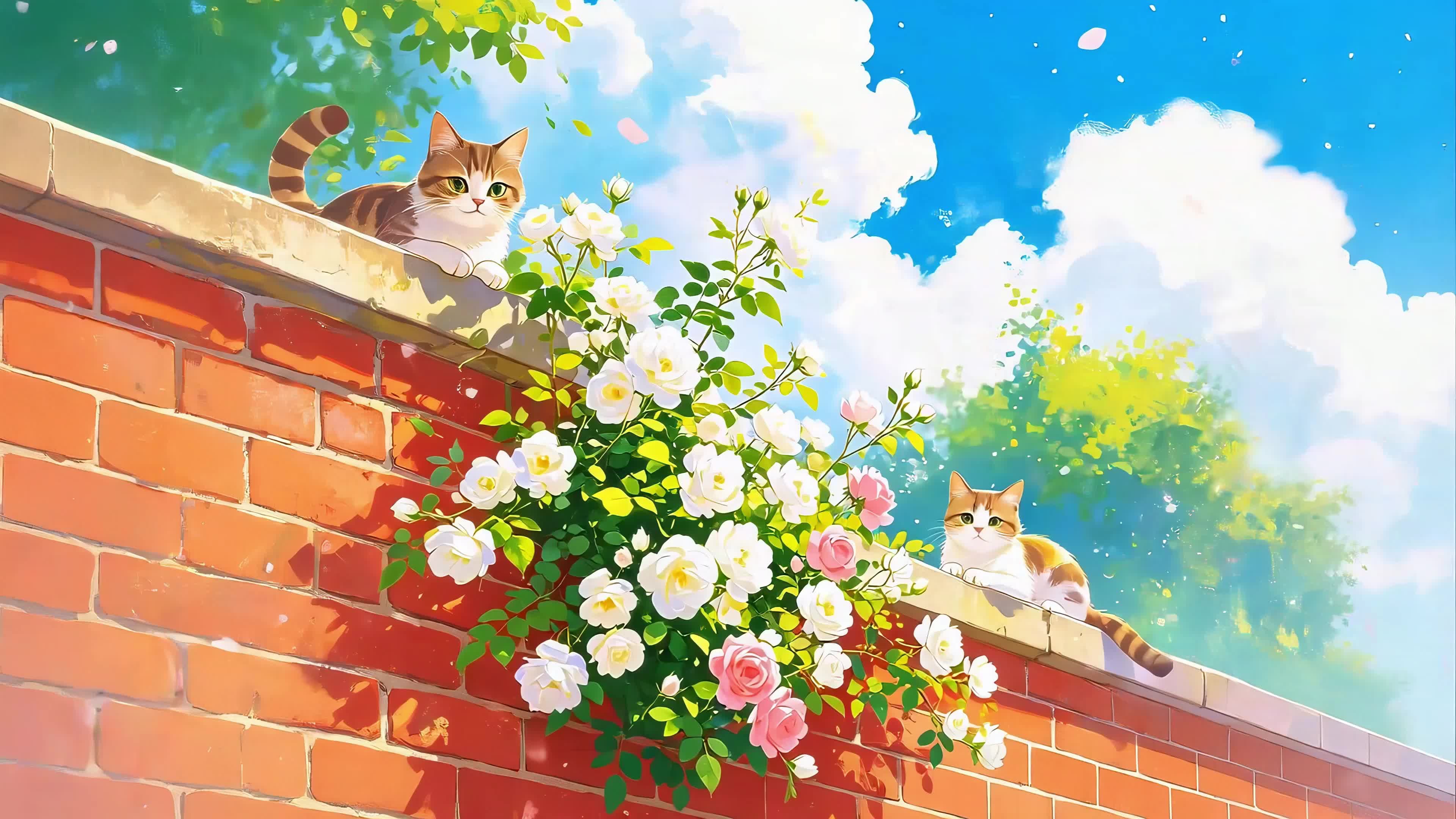 围墙上的猫咪和鲜花