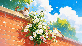 围墙上的猫咪和鲜花