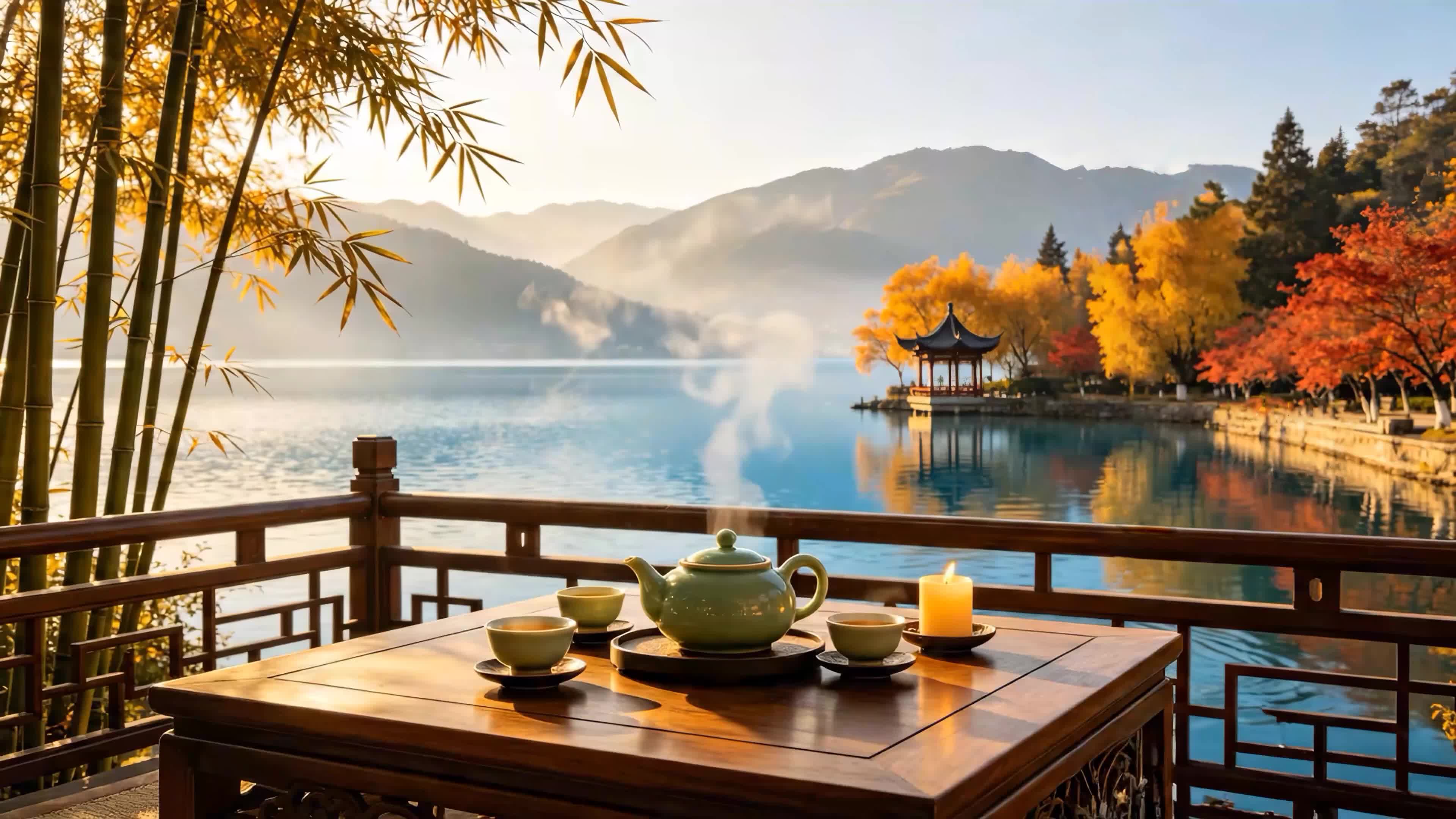 清晨湖畔品茶