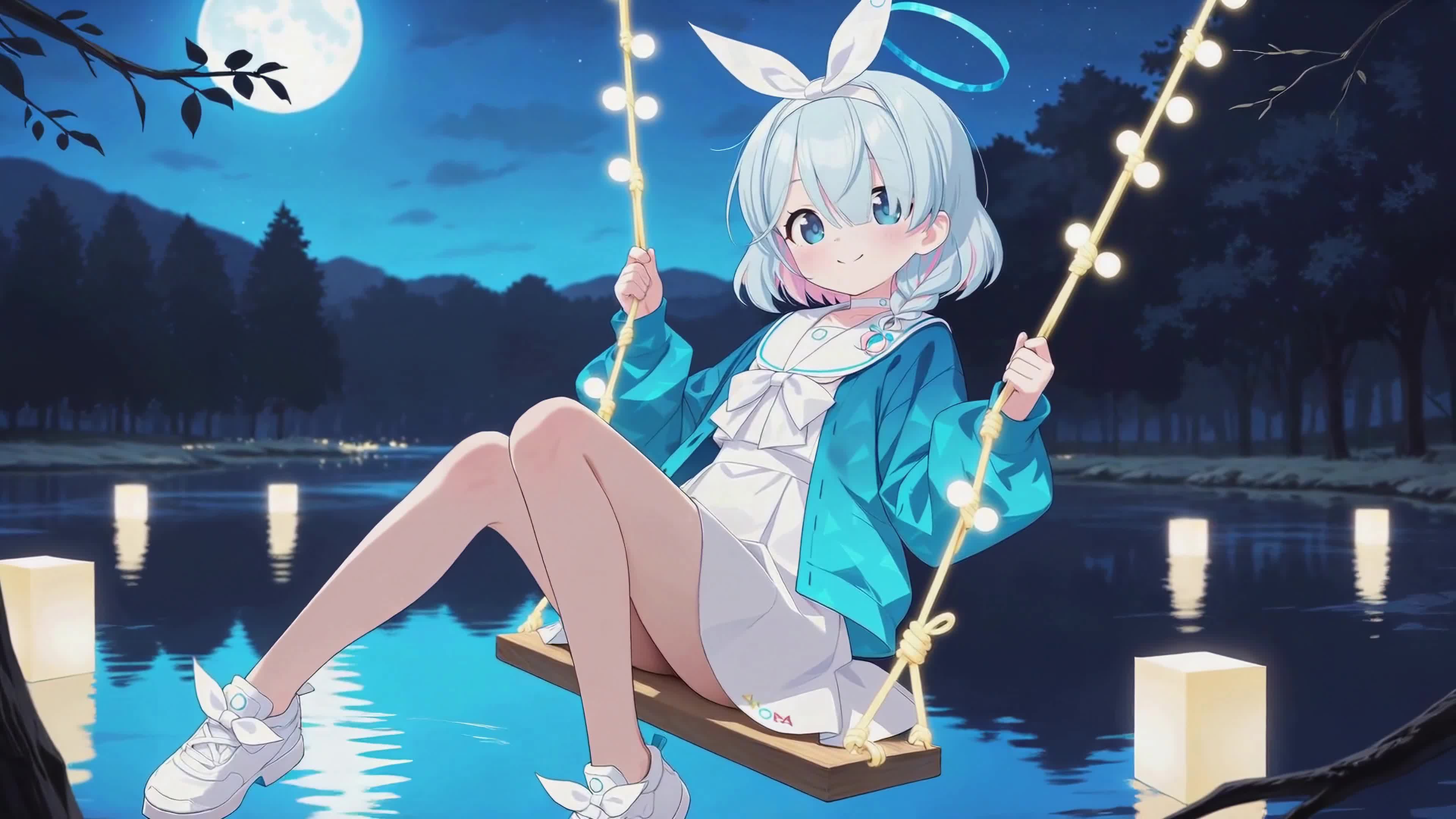 月夜湖边荡秋千的少女阿罗娜