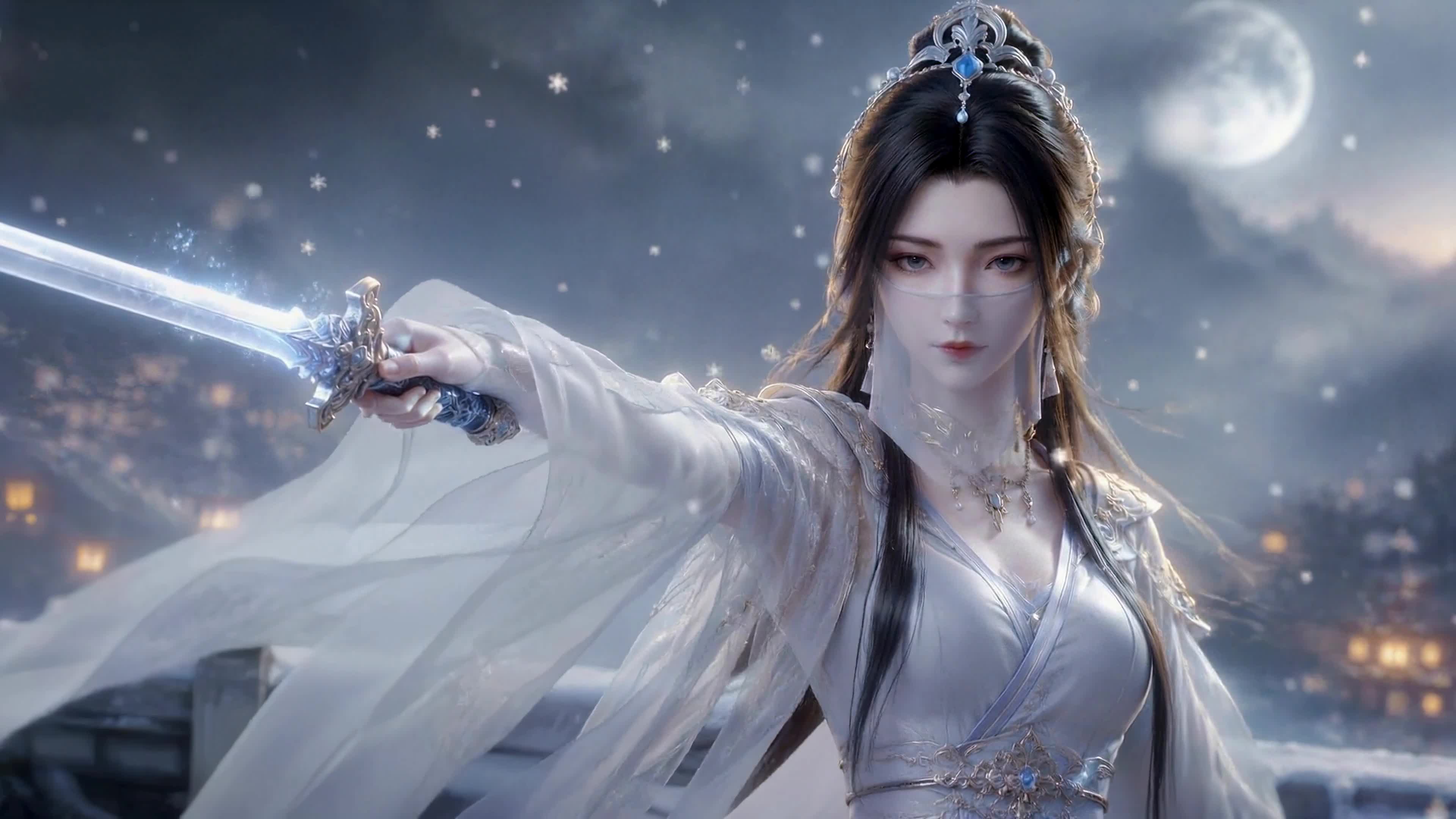 雪夜持剑白衣侠女