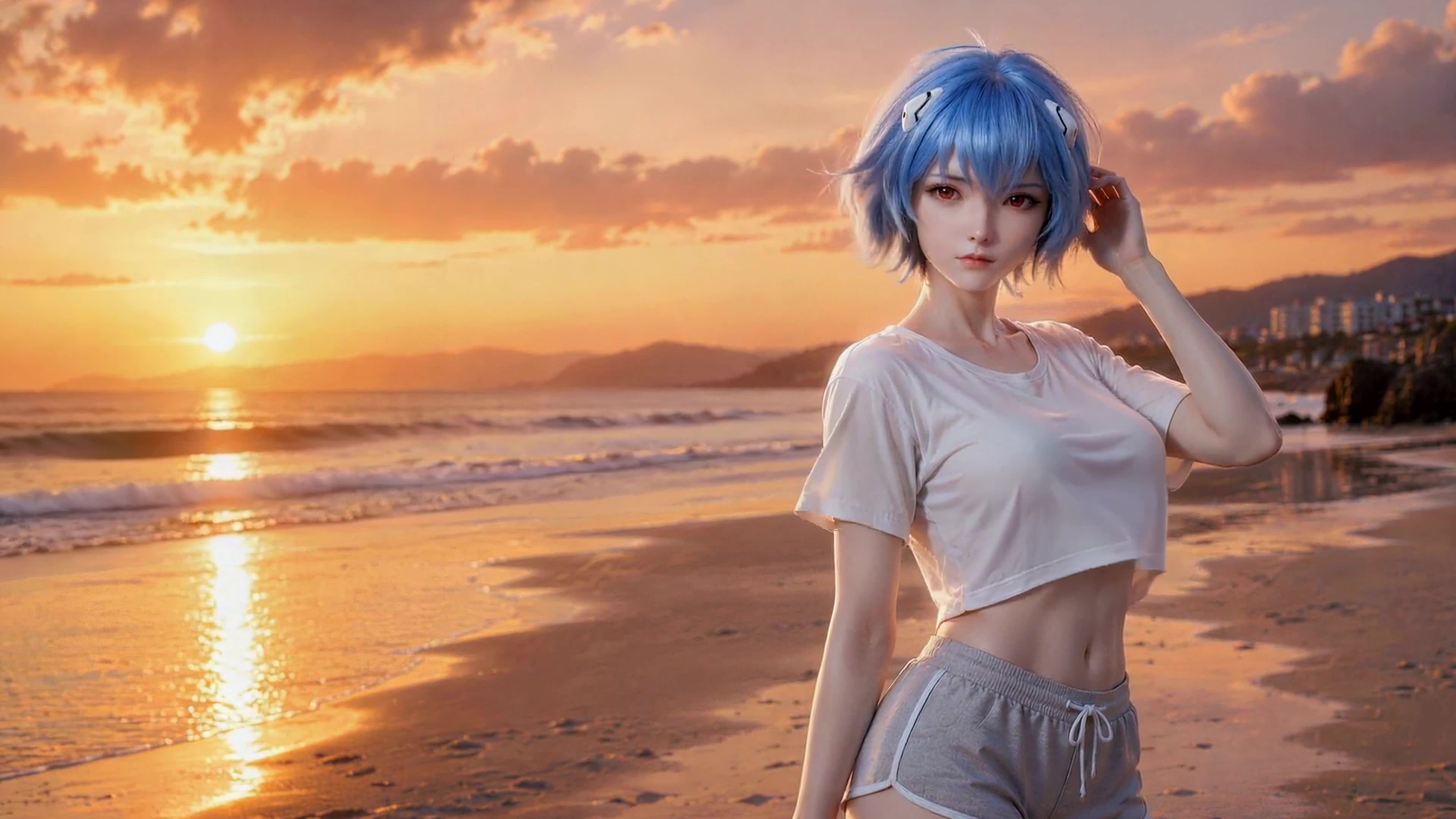 海滨日落蓝发少女凌波丽