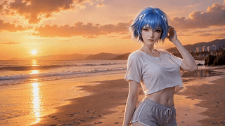 海滨日落蓝发少女凌波丽