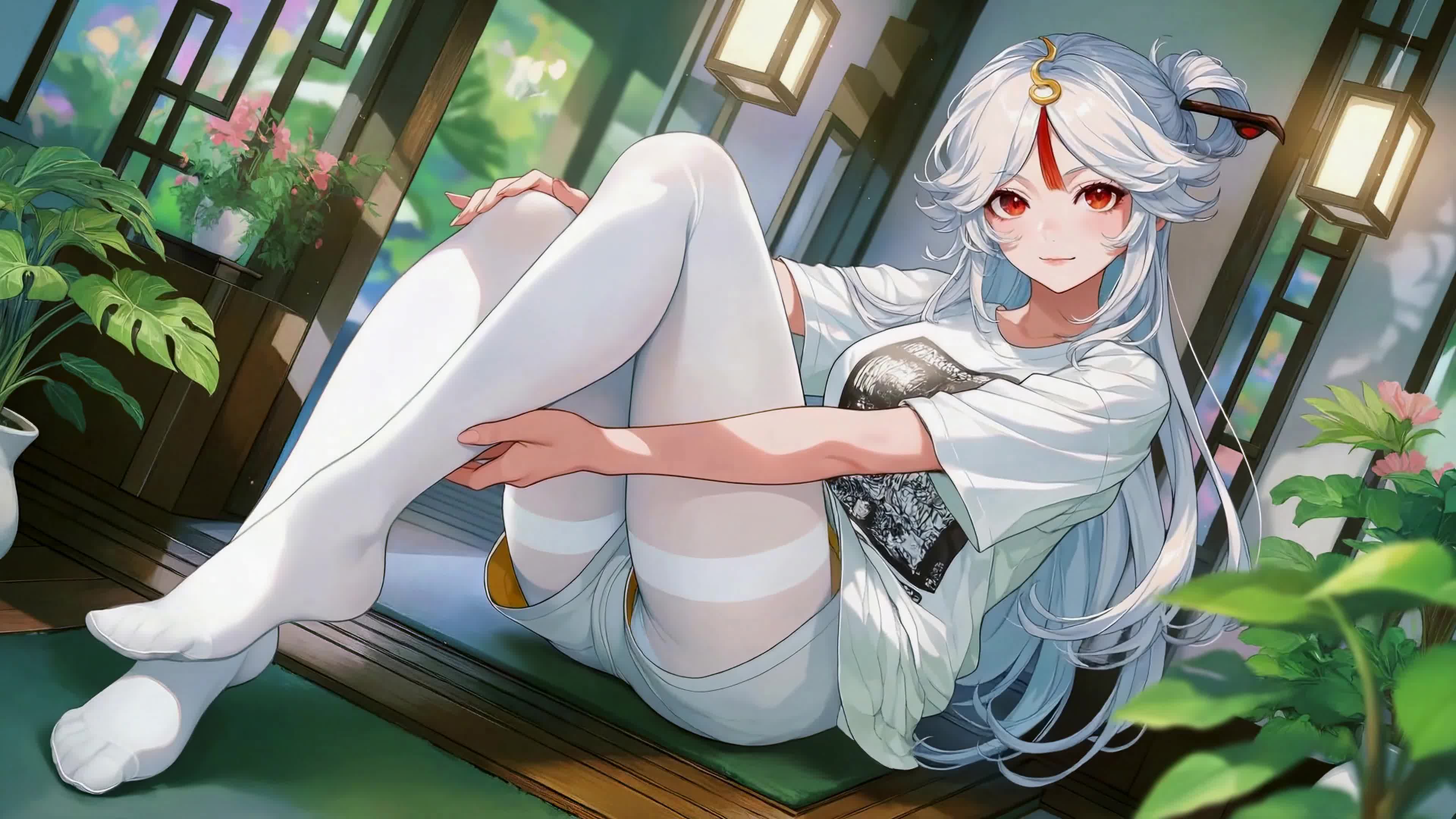 闲坐窗边的银发少女