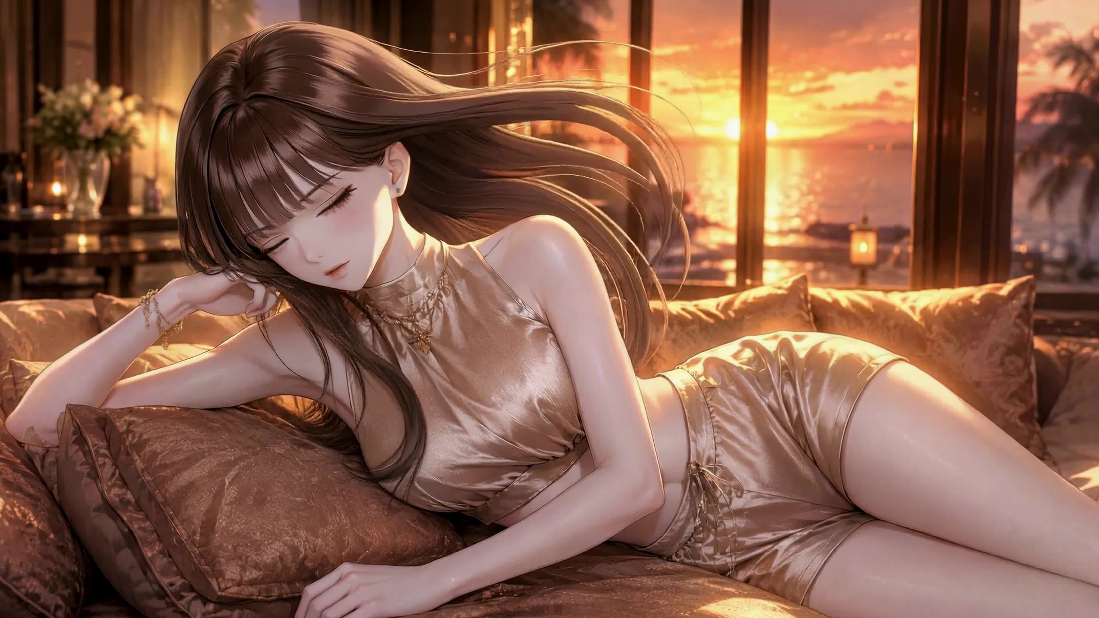 落日余晖下的慵懒少女