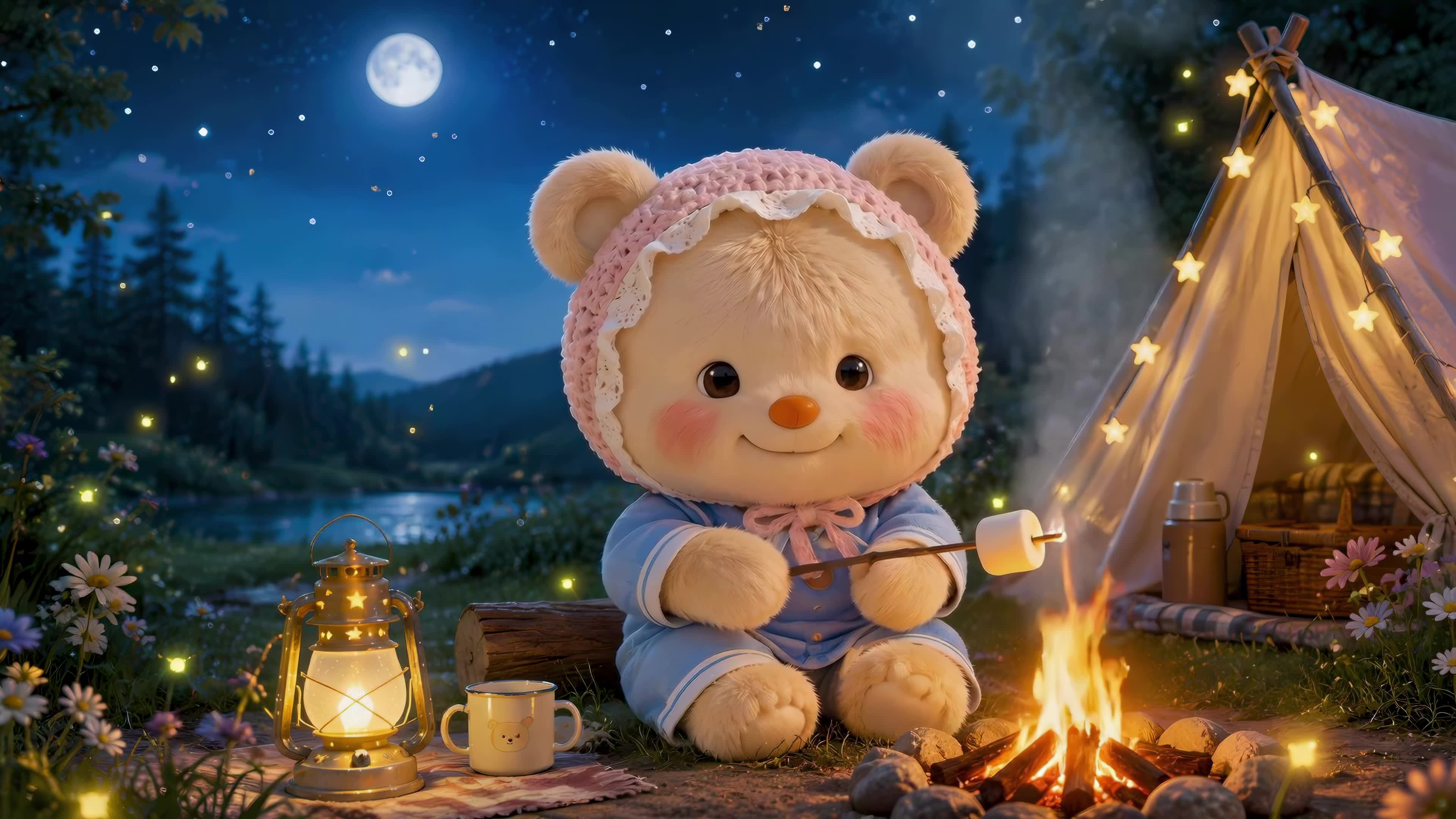 月夜露营软萌小熊