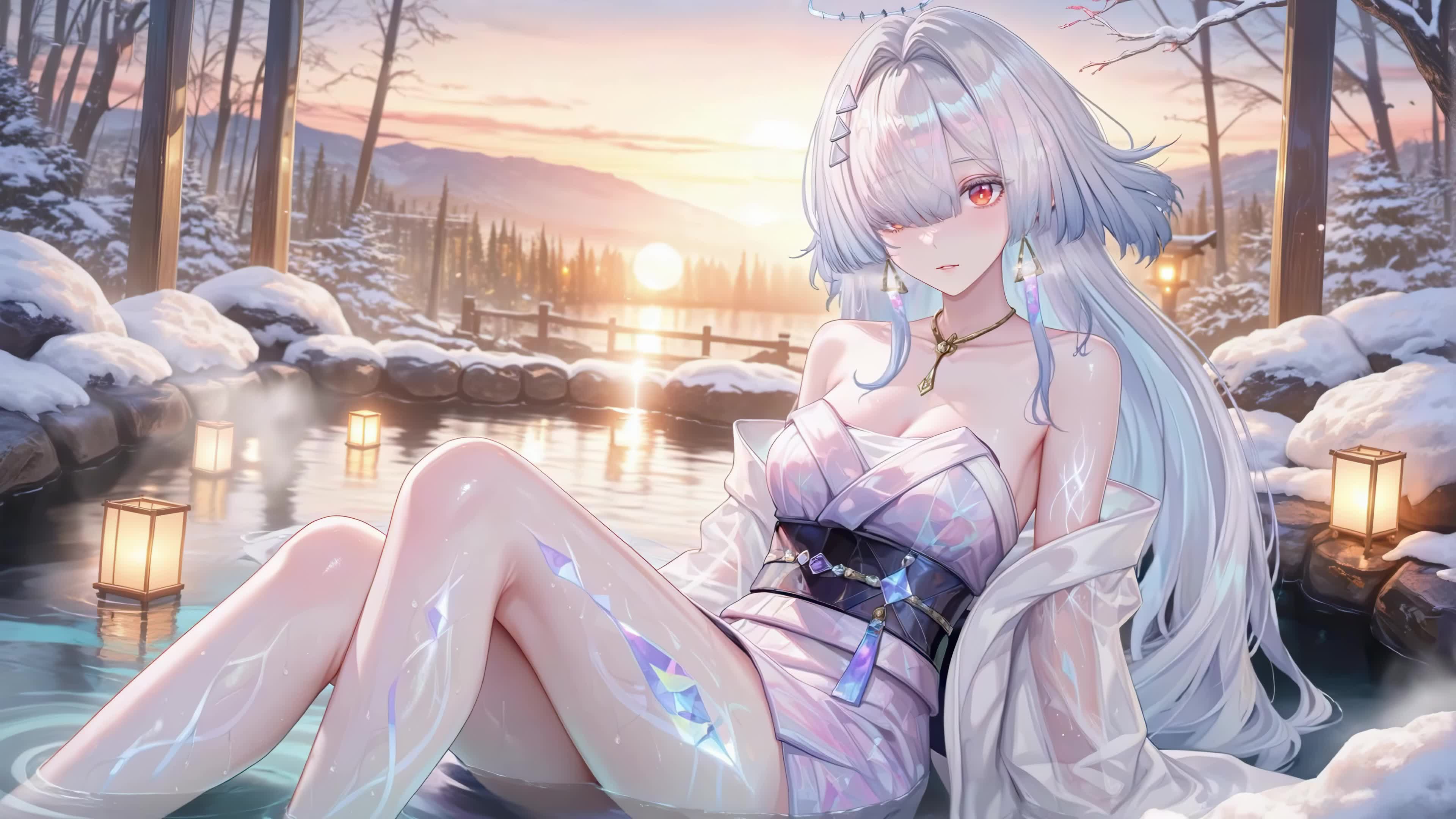 雪日温泉银发少女莫宁