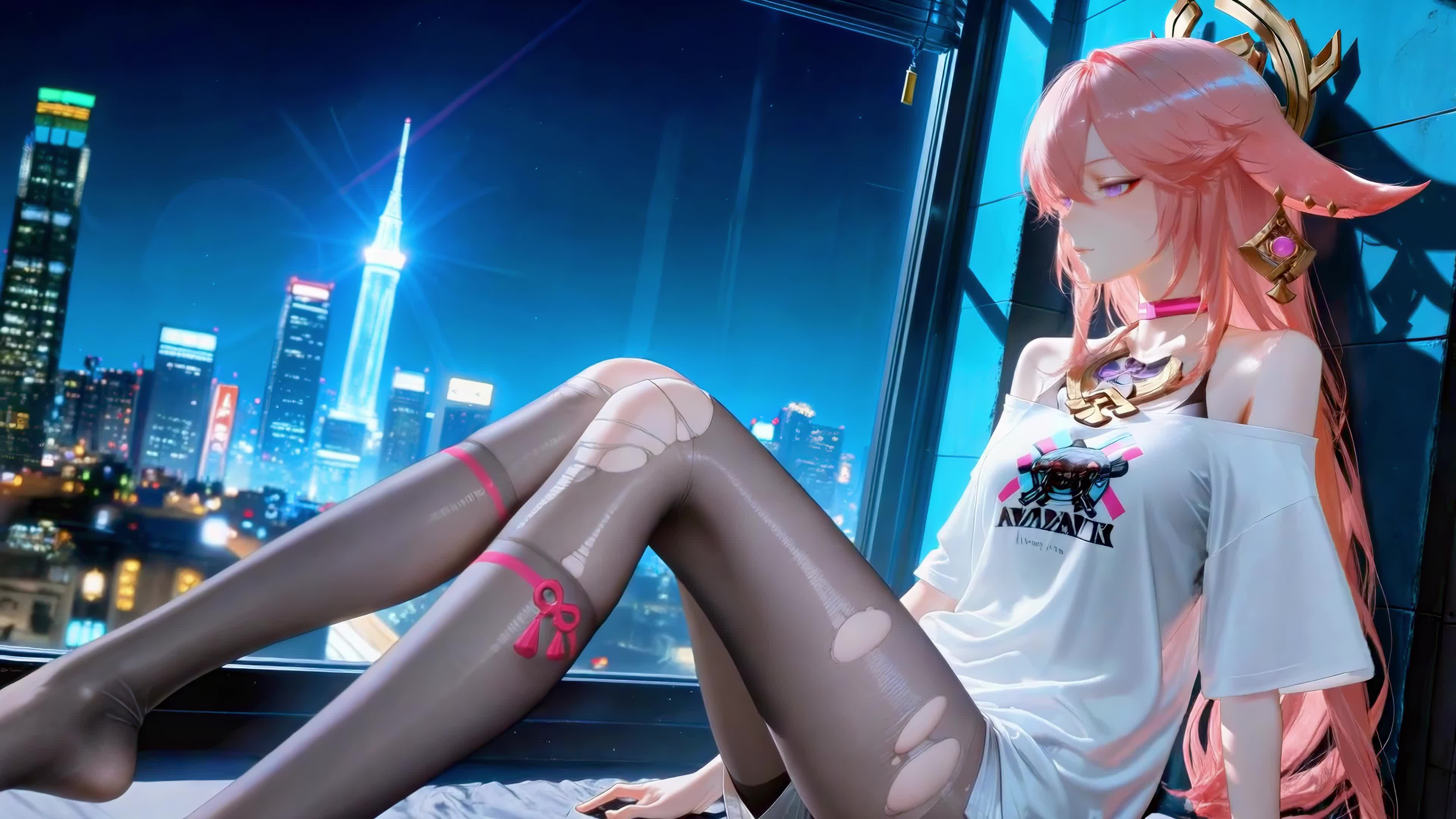 窗边夜景粉发少女八重神子