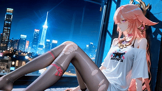 窗边夜景粉发少女八重神子