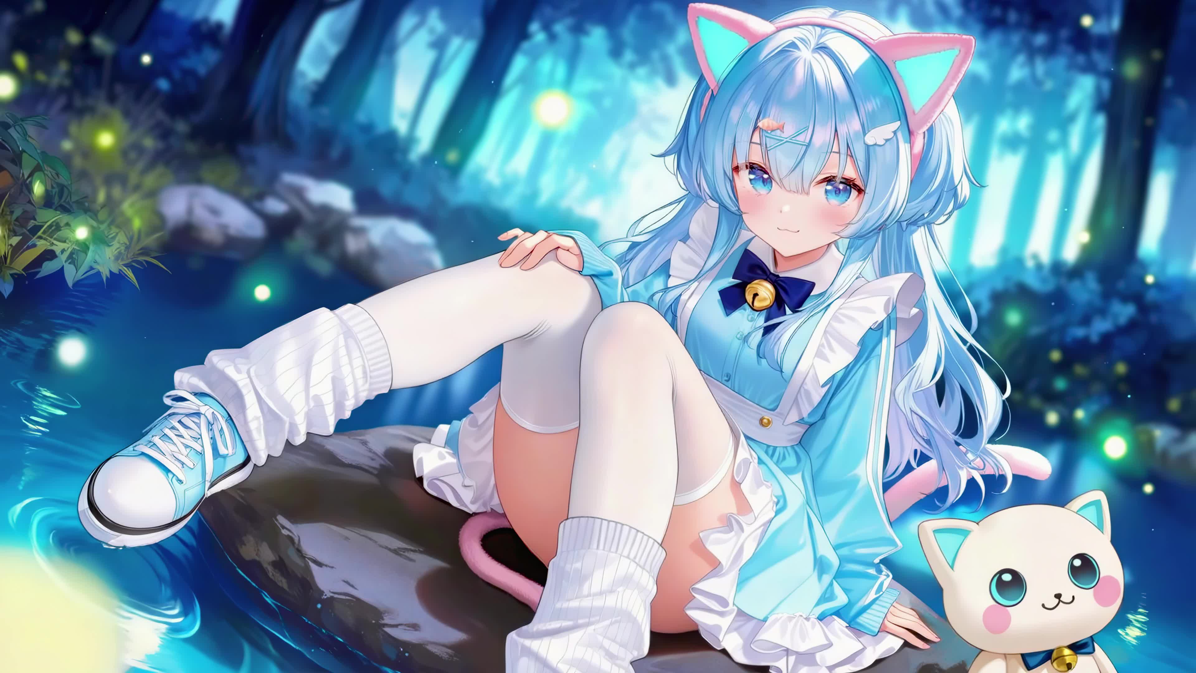 蓝发猫耳少女溪边夜坐
