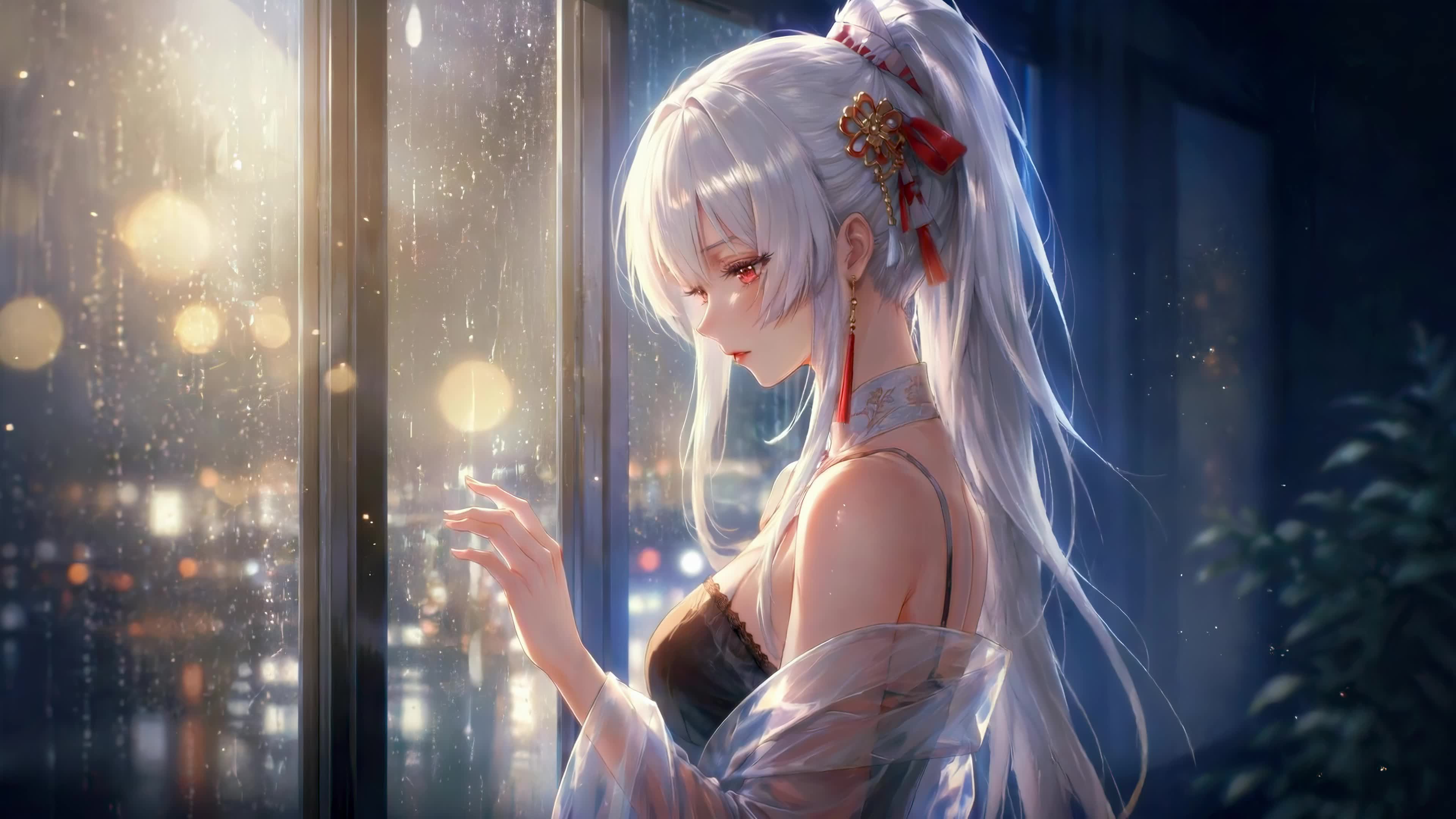 雨夜窗边的银发少女绯雪