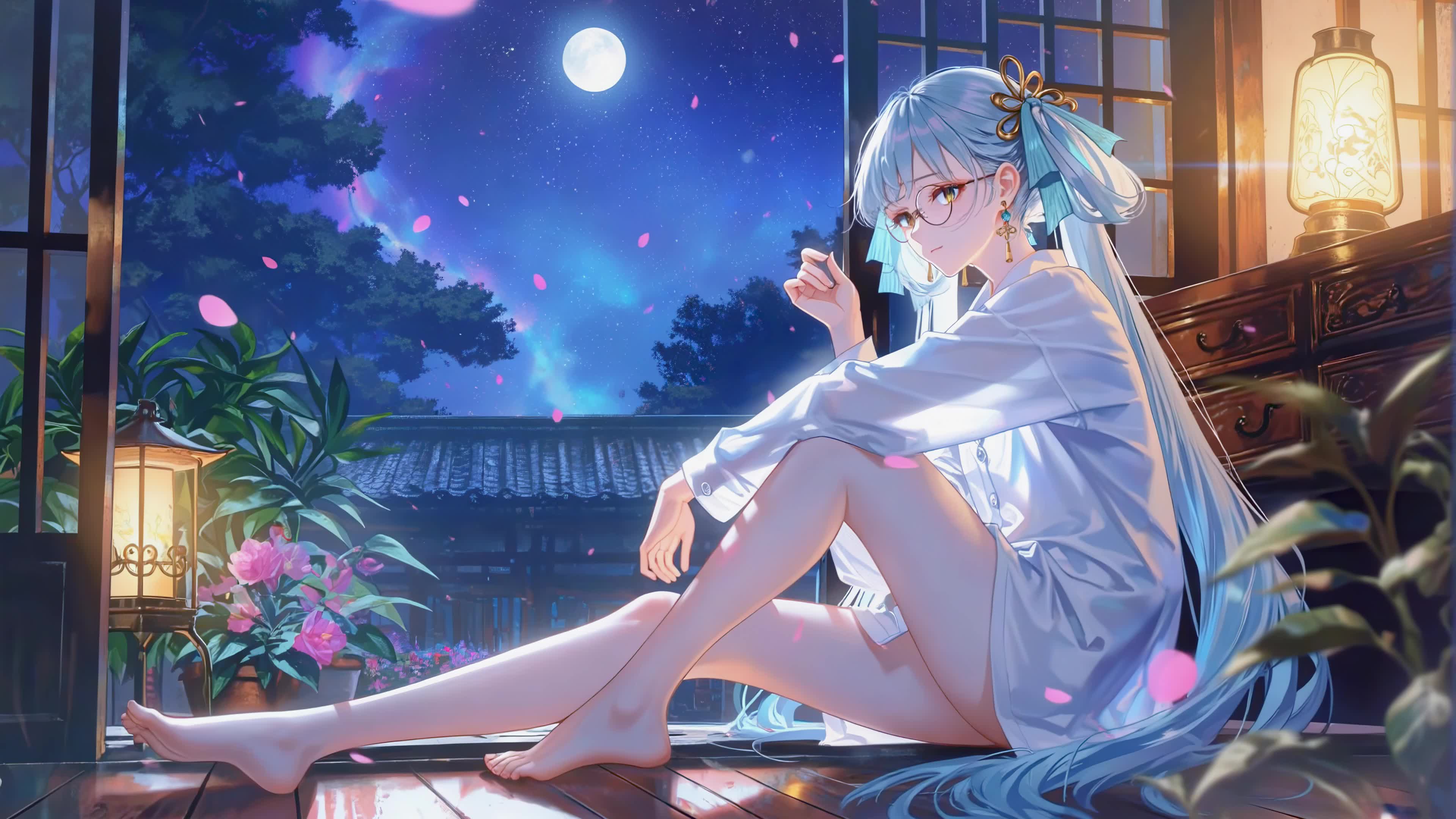 月夜窗边蓝发少女今汐