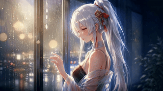 雨夜窗边的银发少女绯雪