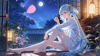 月夜窗边蓝发少女今汐