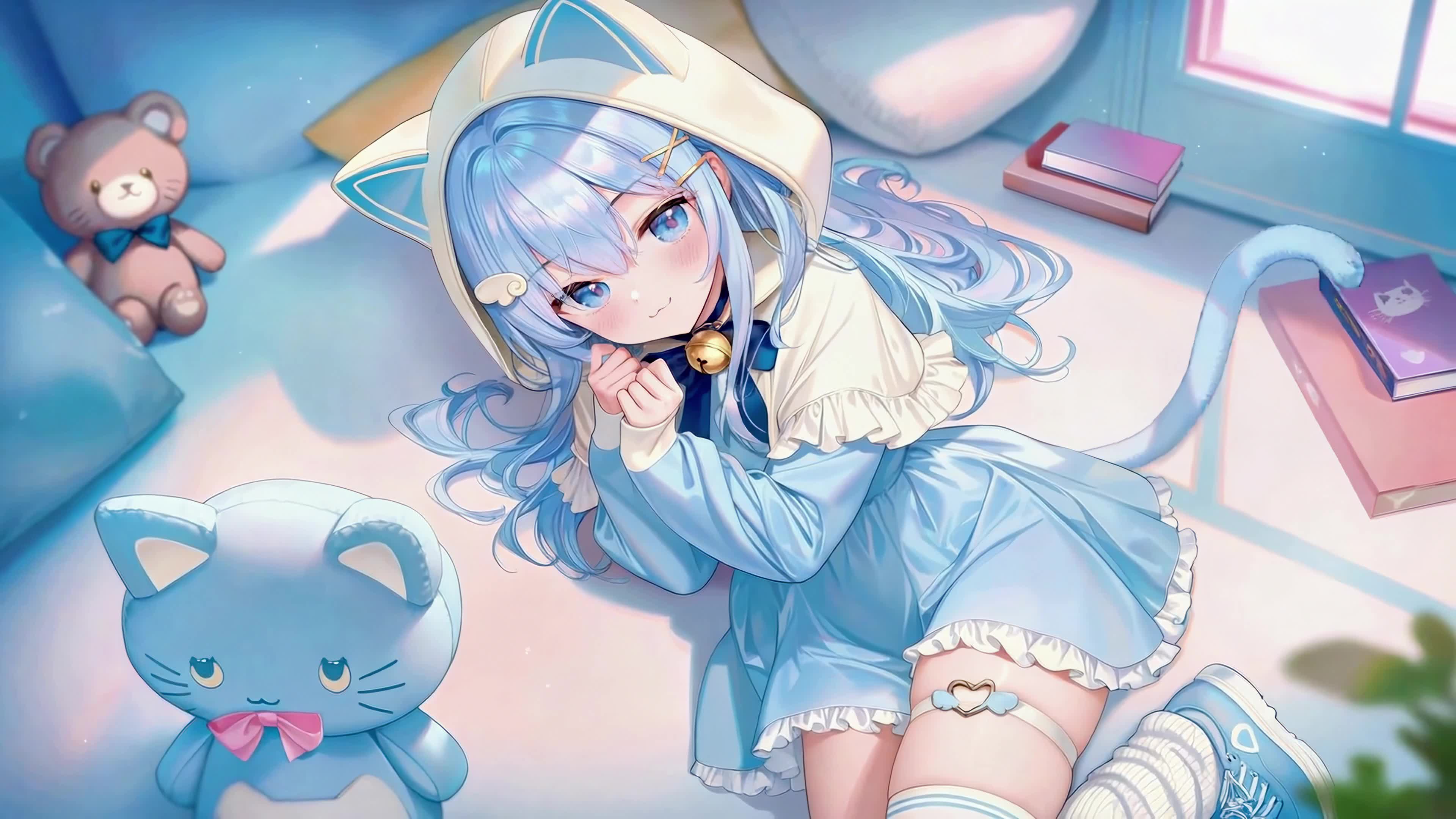 蓝发猫耳少女的慵懒午后