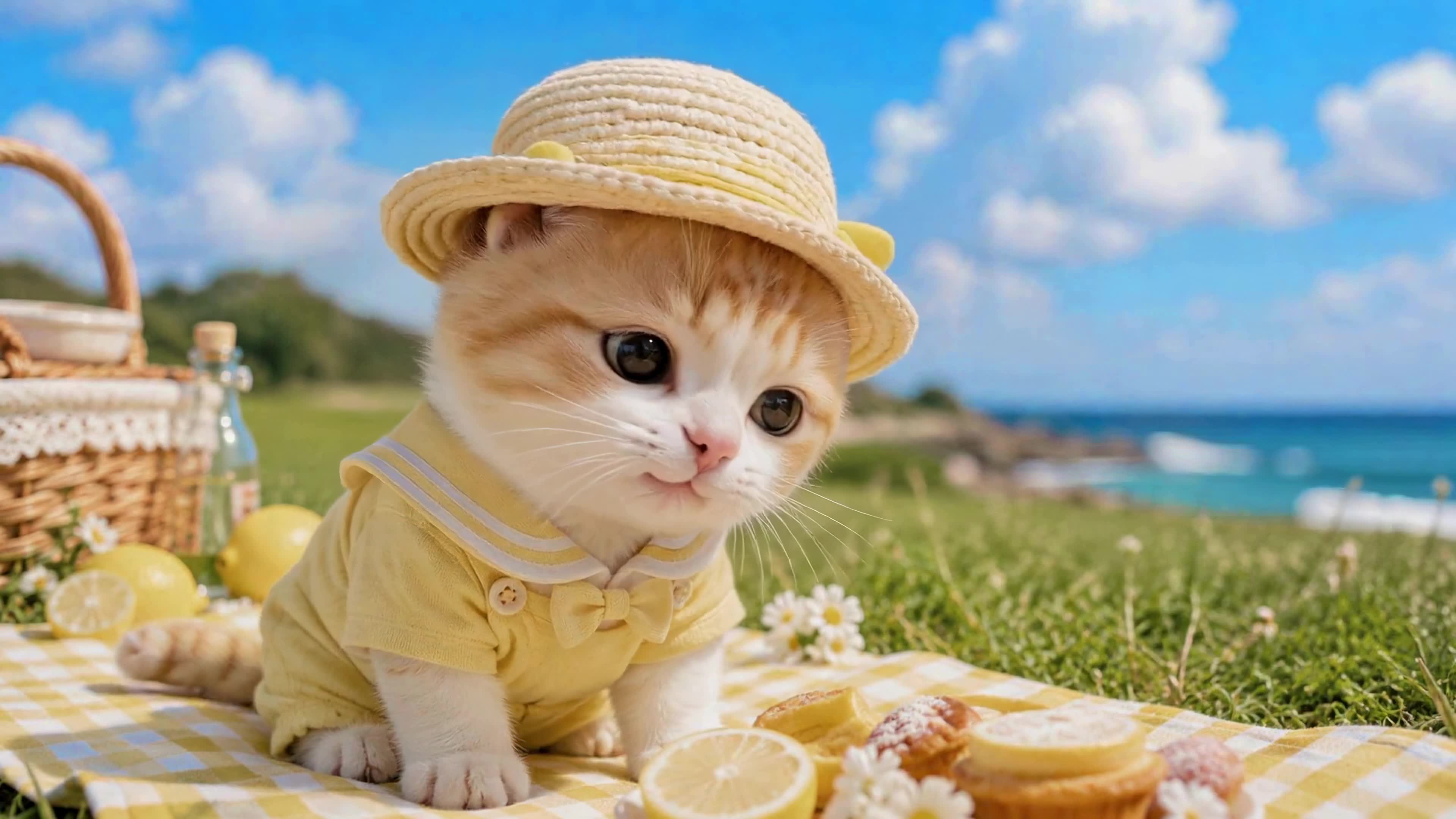 海边野餐的软萌小奶猫