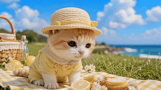 海边野餐的软萌小奶猫