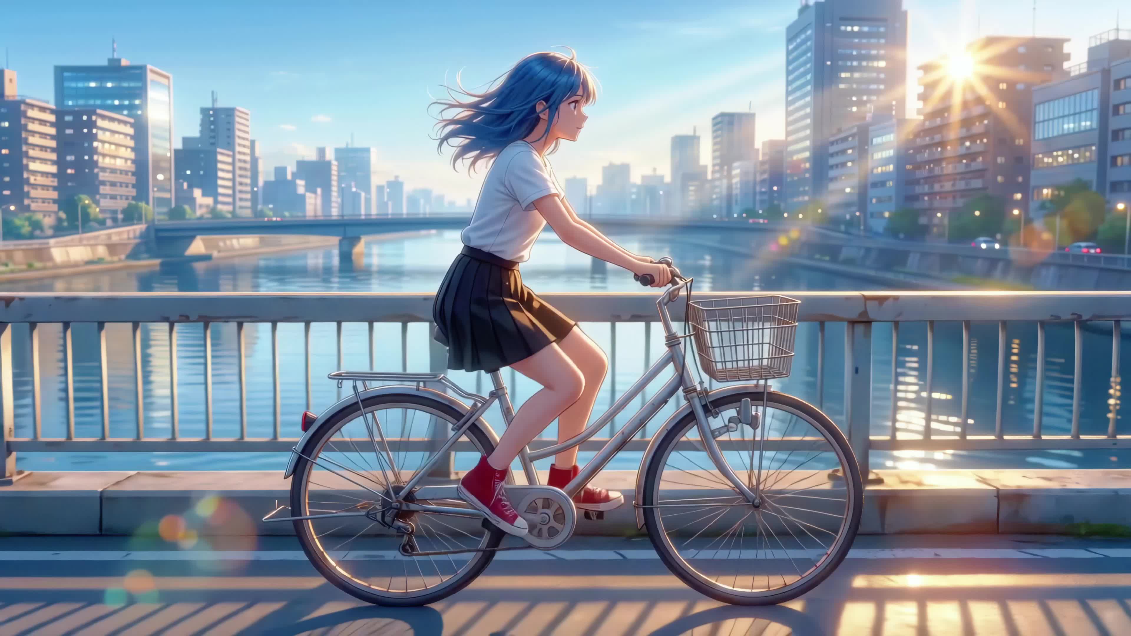 河畔骑行的少女