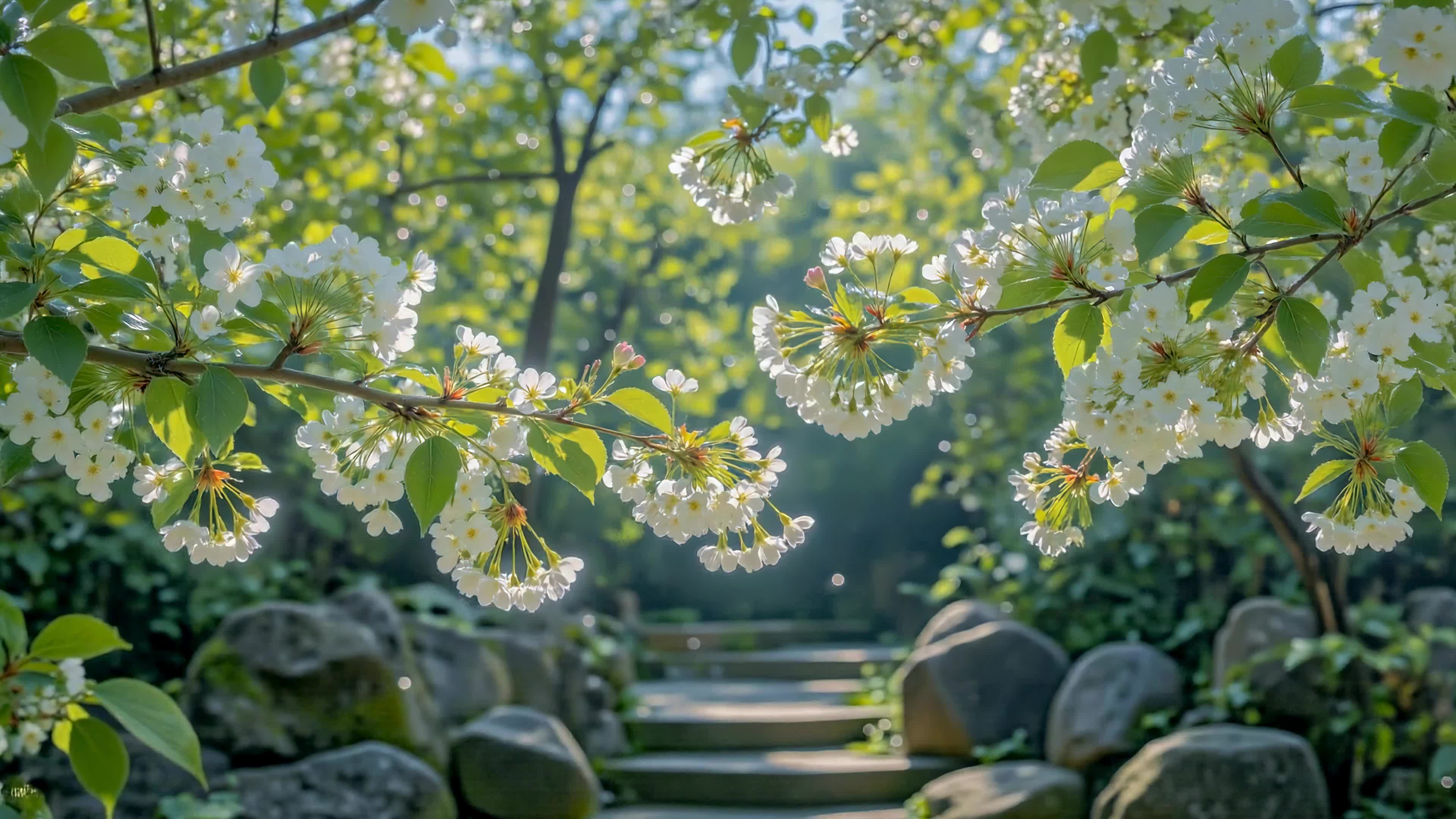 晴日林间白花径