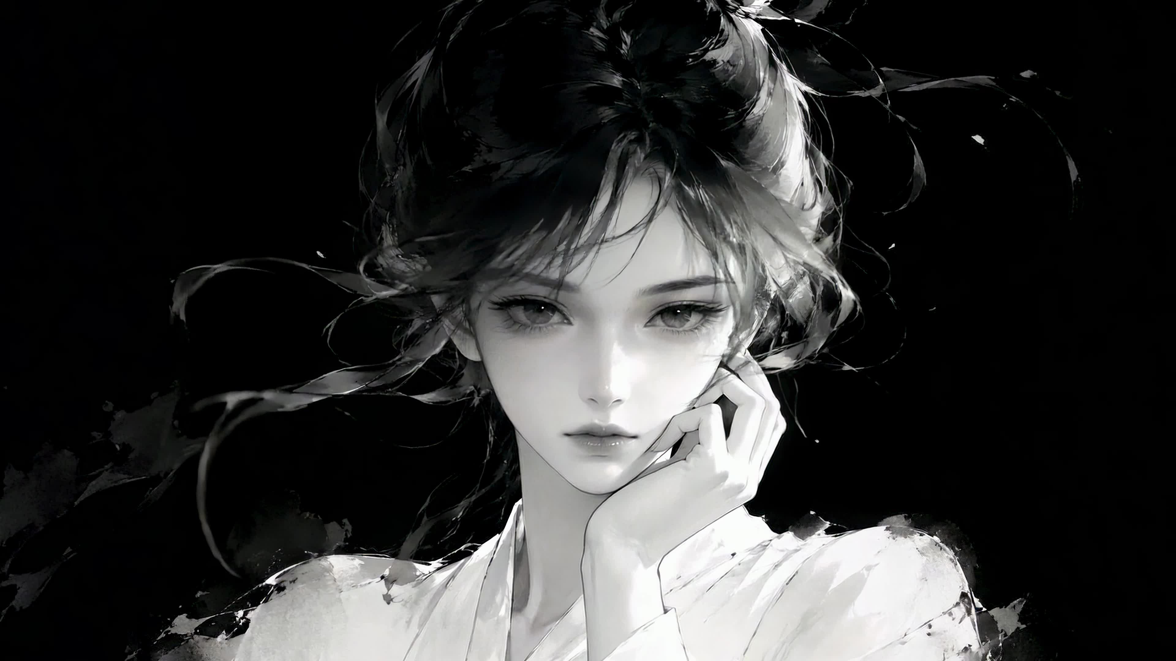 黑白水墨少女