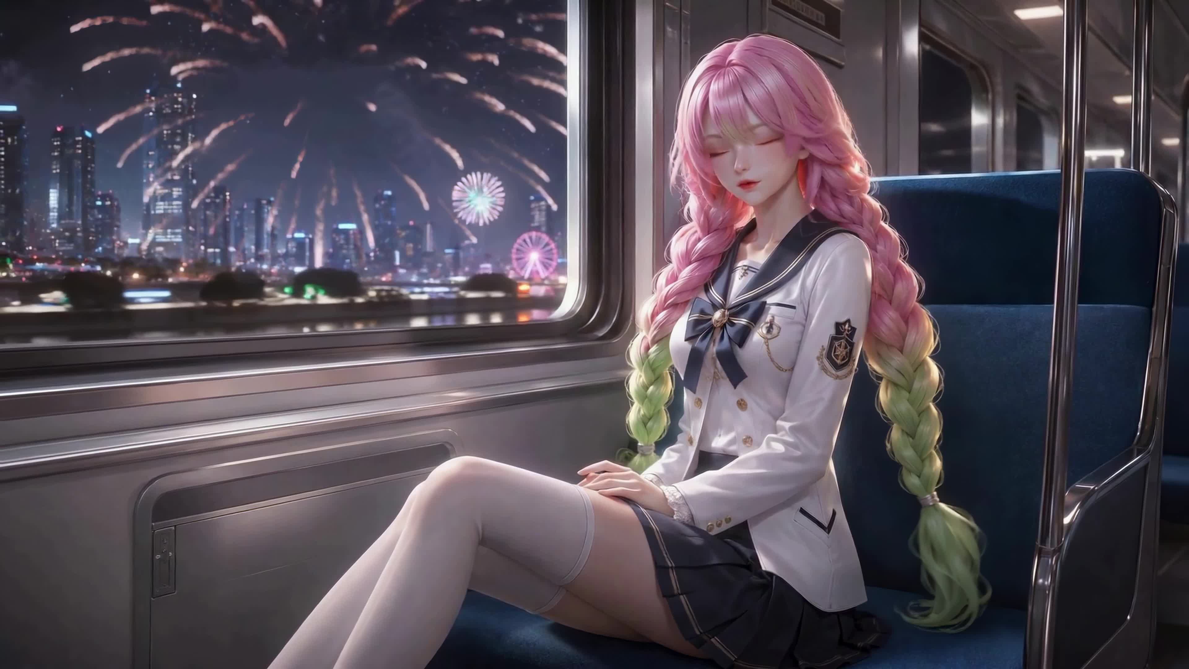 列车夜赏烟花的粉发少女