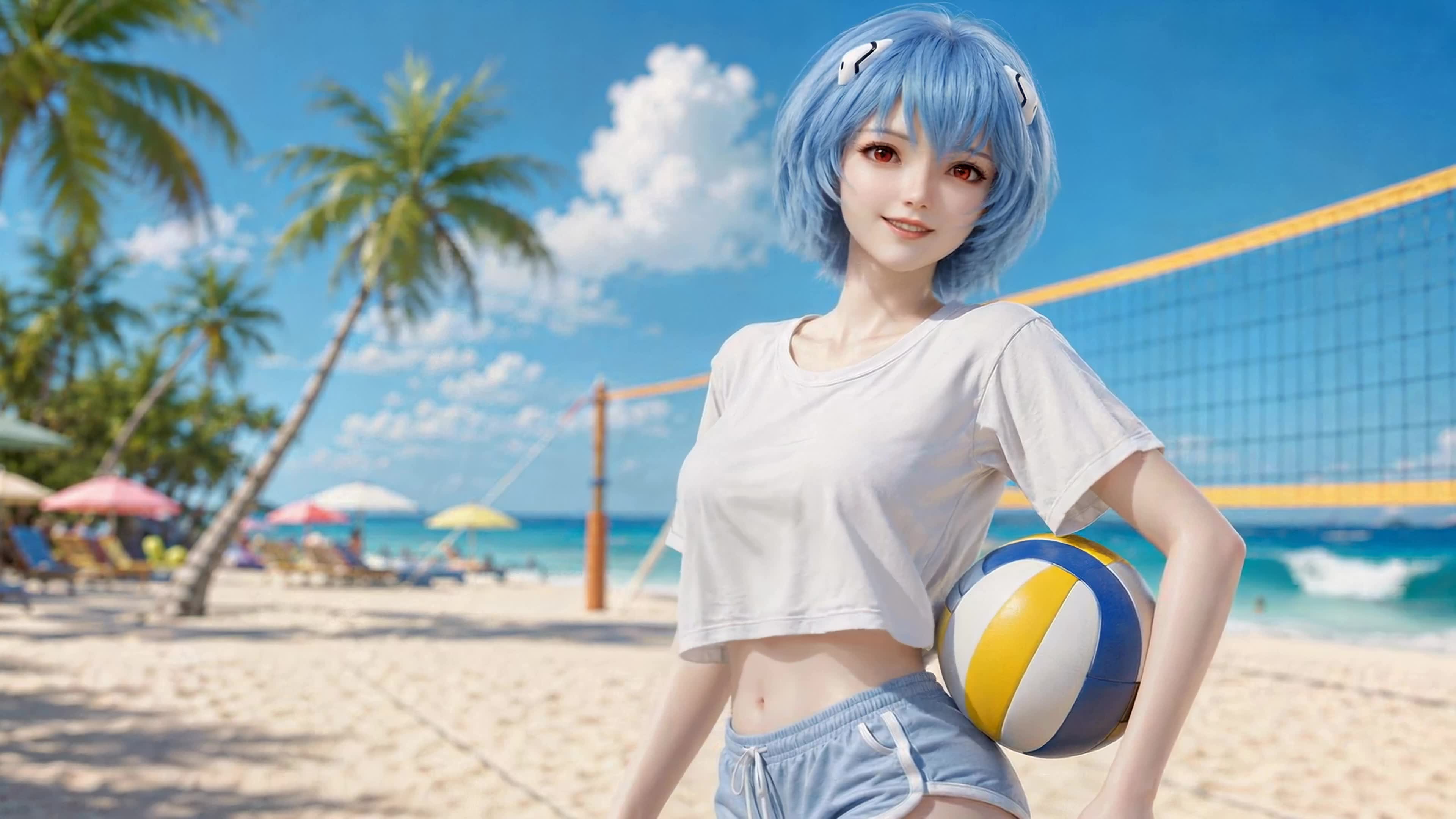 夏日沙滩蓝发少女