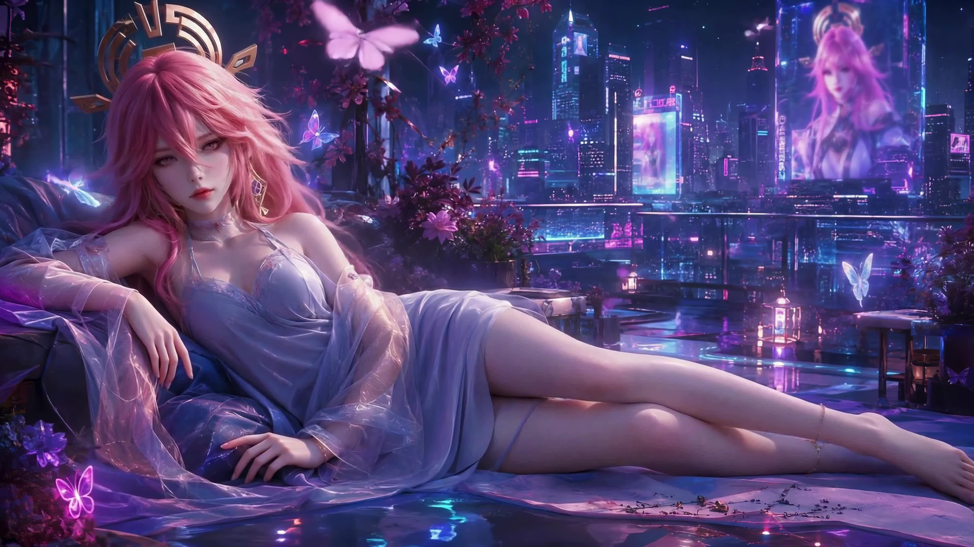 赛博紫夜粉发少女休憩