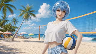 夏日沙滩蓝发少女