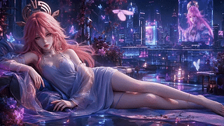 赛博紫夜粉发少女休憩