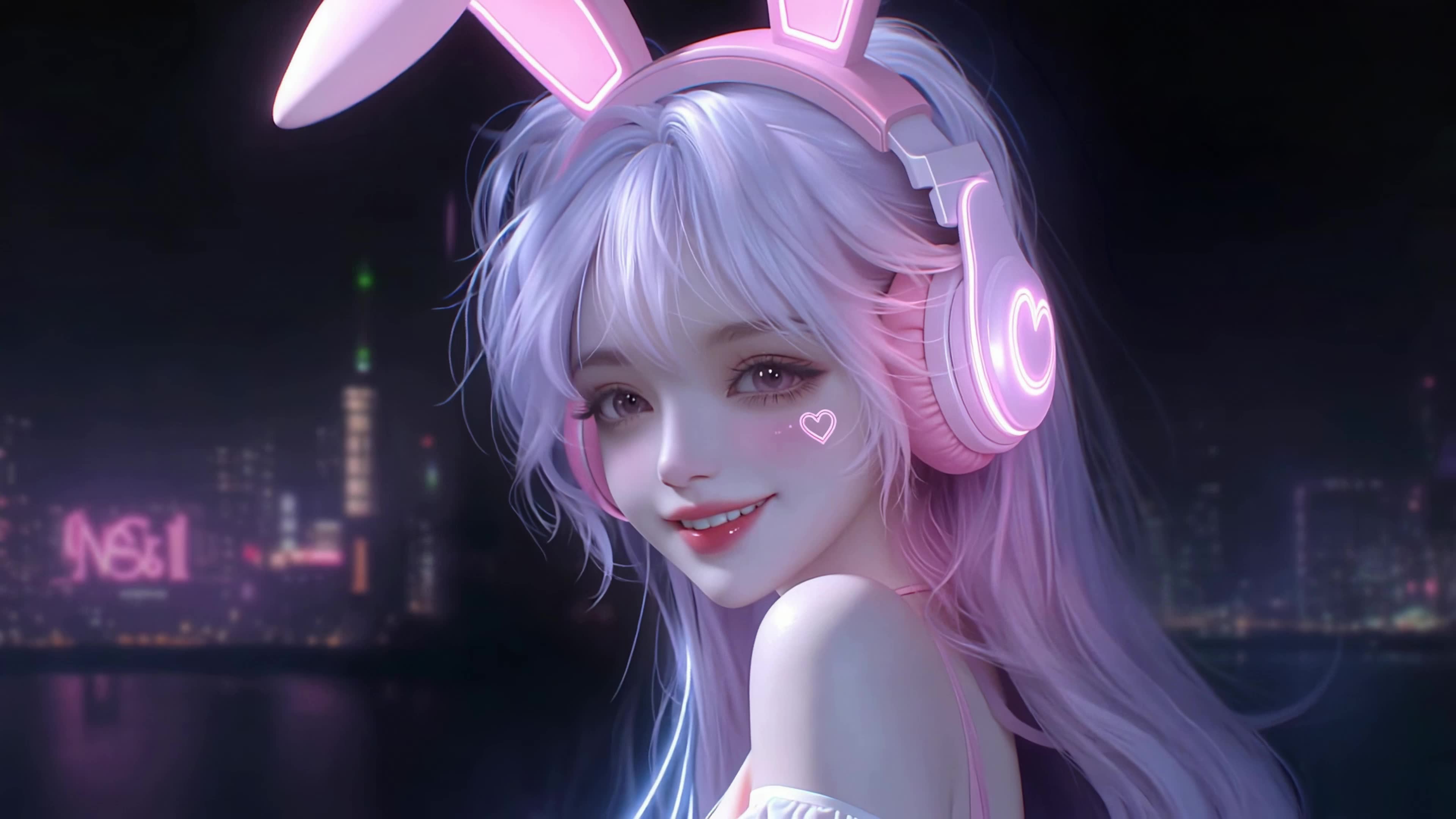 粉紫光效兔耳少女