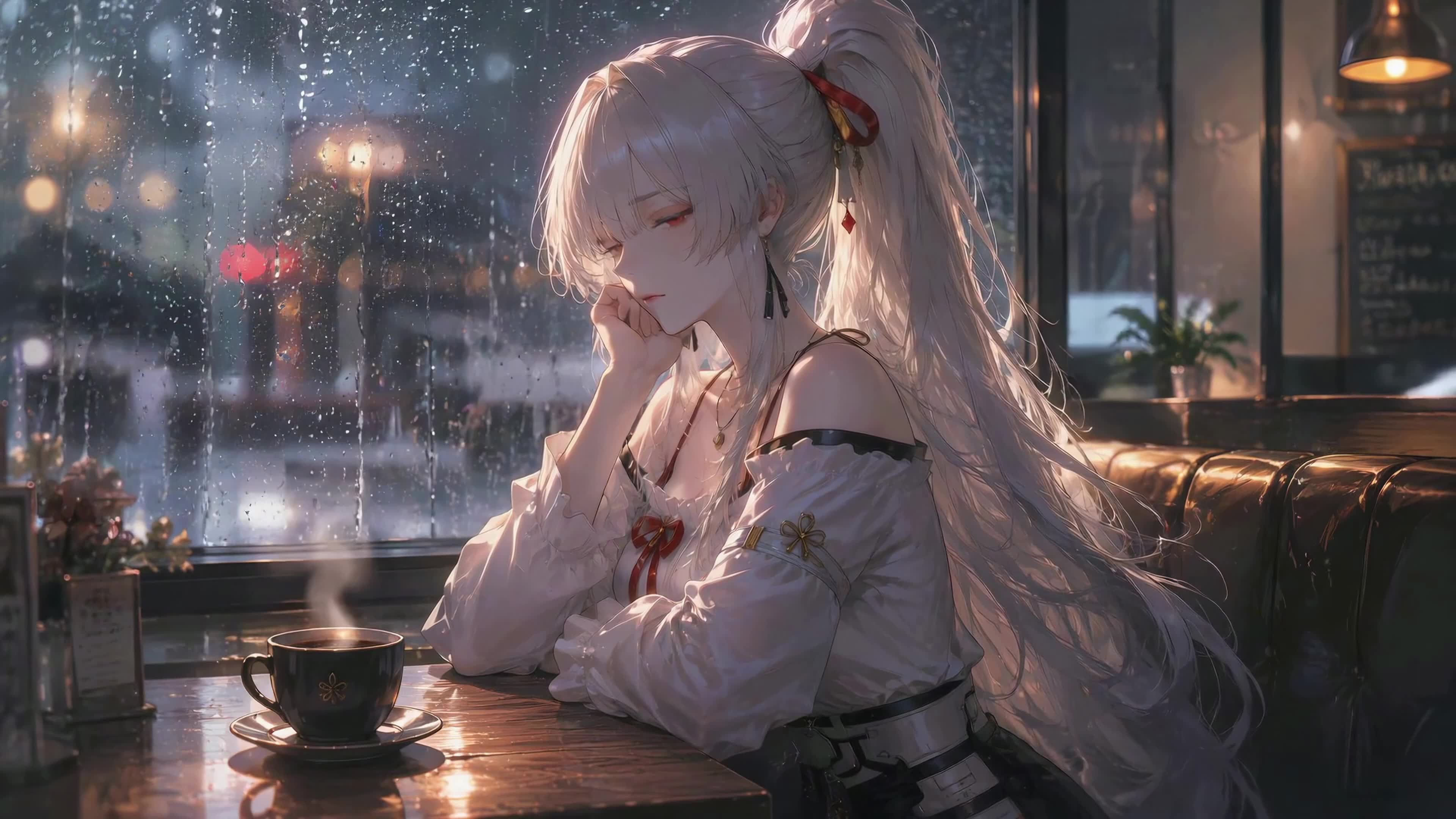 雨天咖啡馆的窗边少女