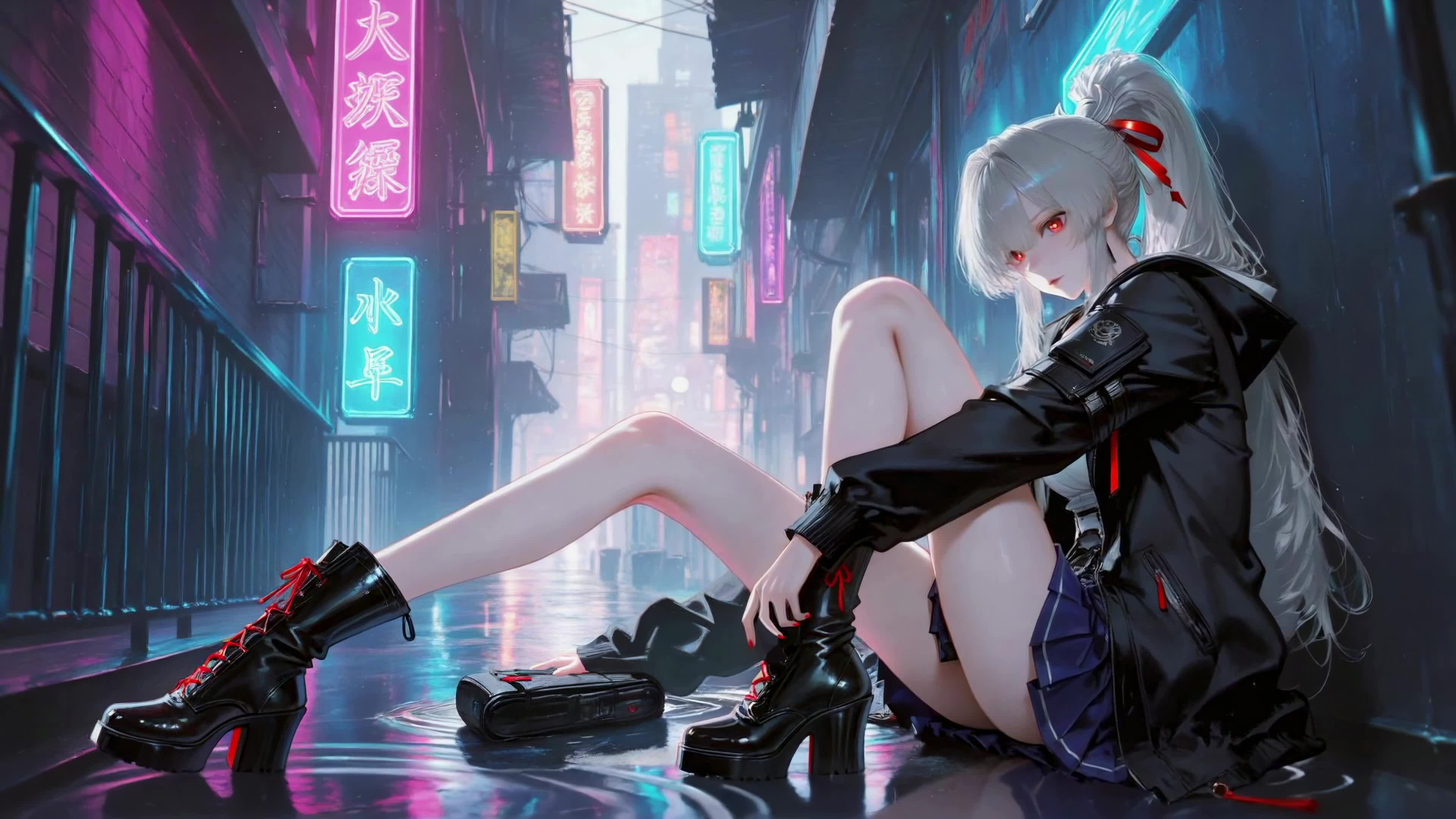 霓虹雨夜巷中的白发少女