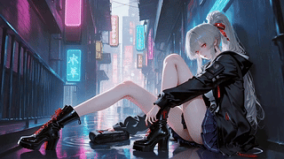霓虹雨夜巷中的白发少女