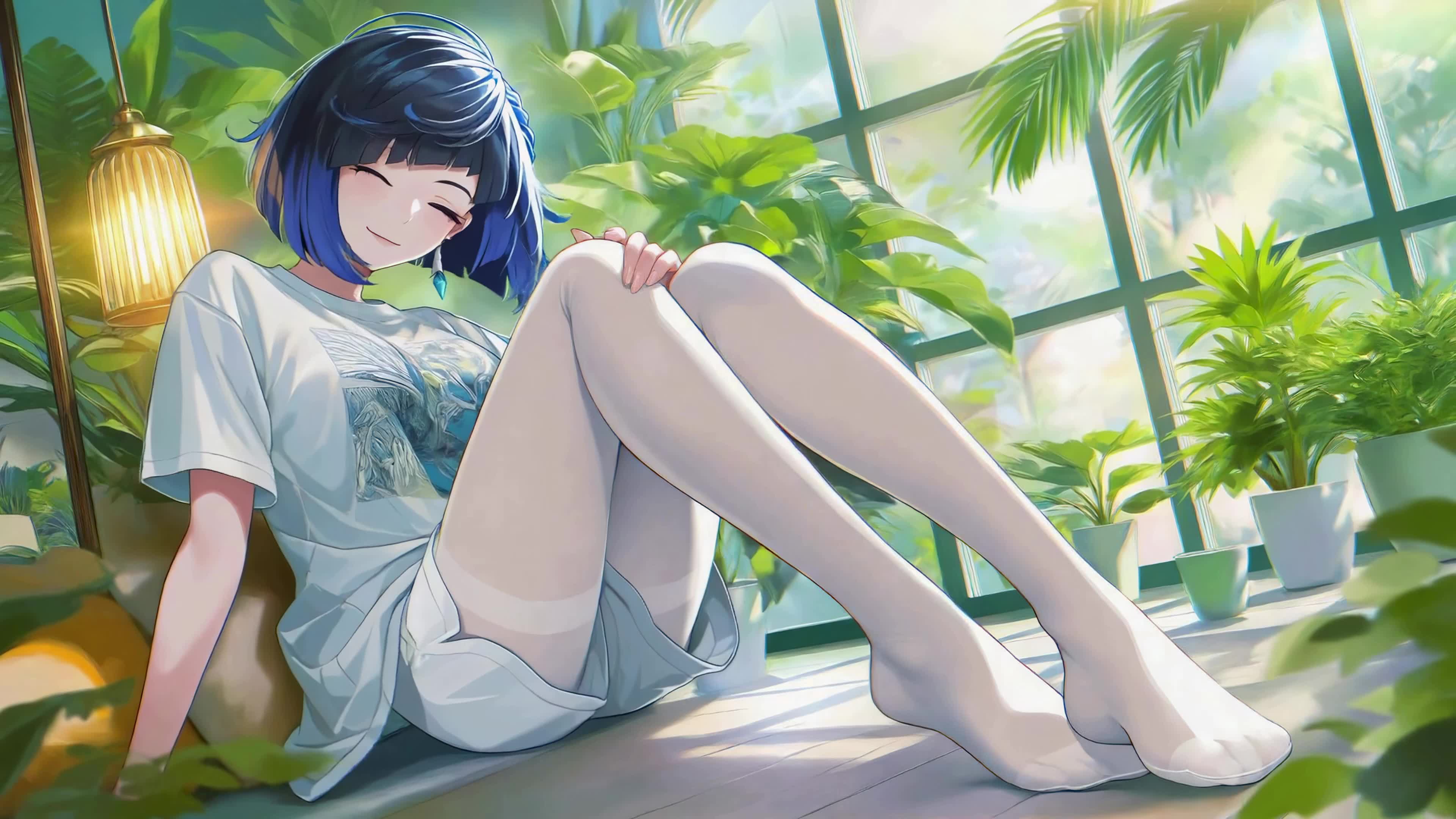 窗边绿植旁的蓝发少女