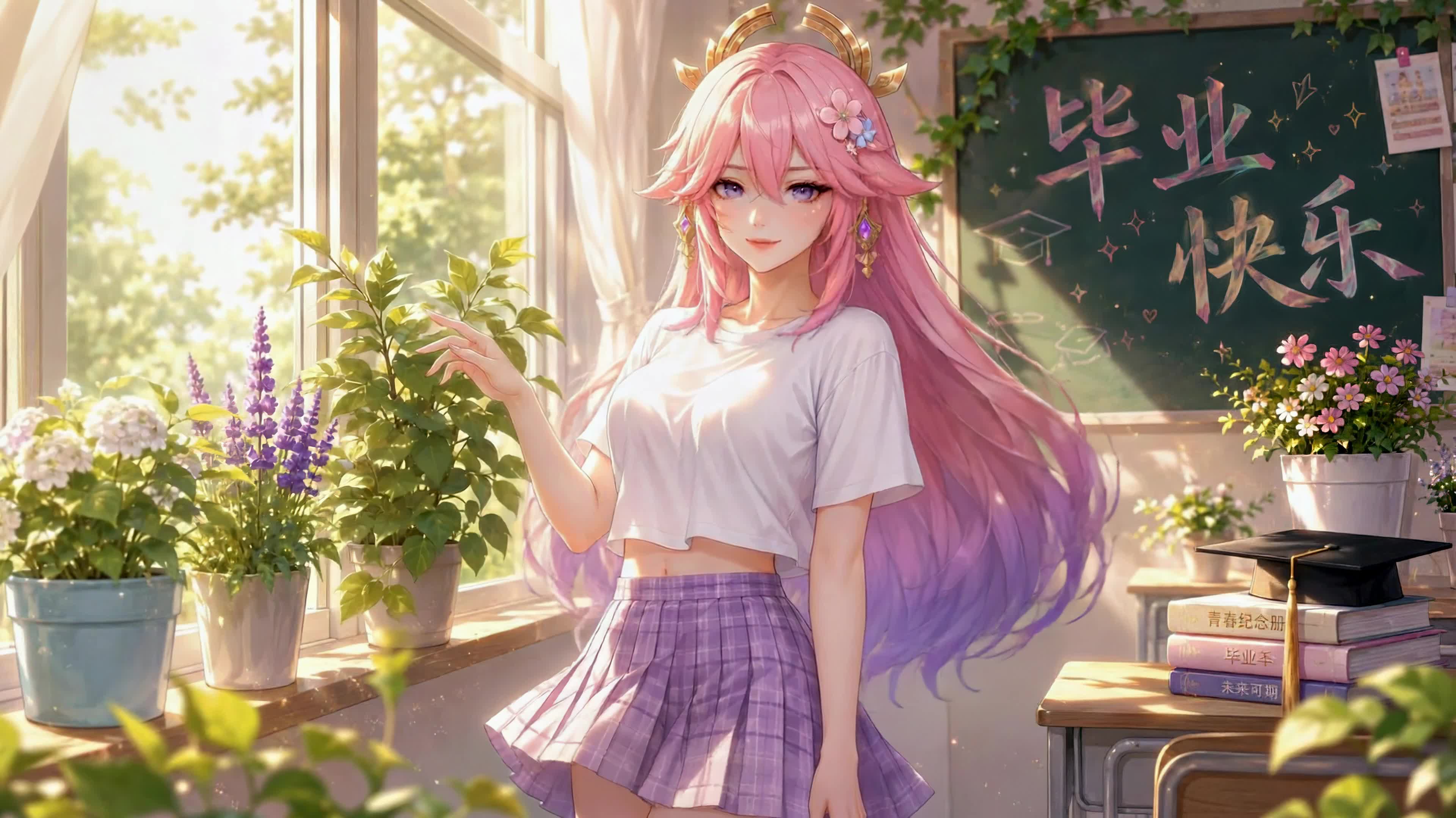 毕业季教室粉发少女