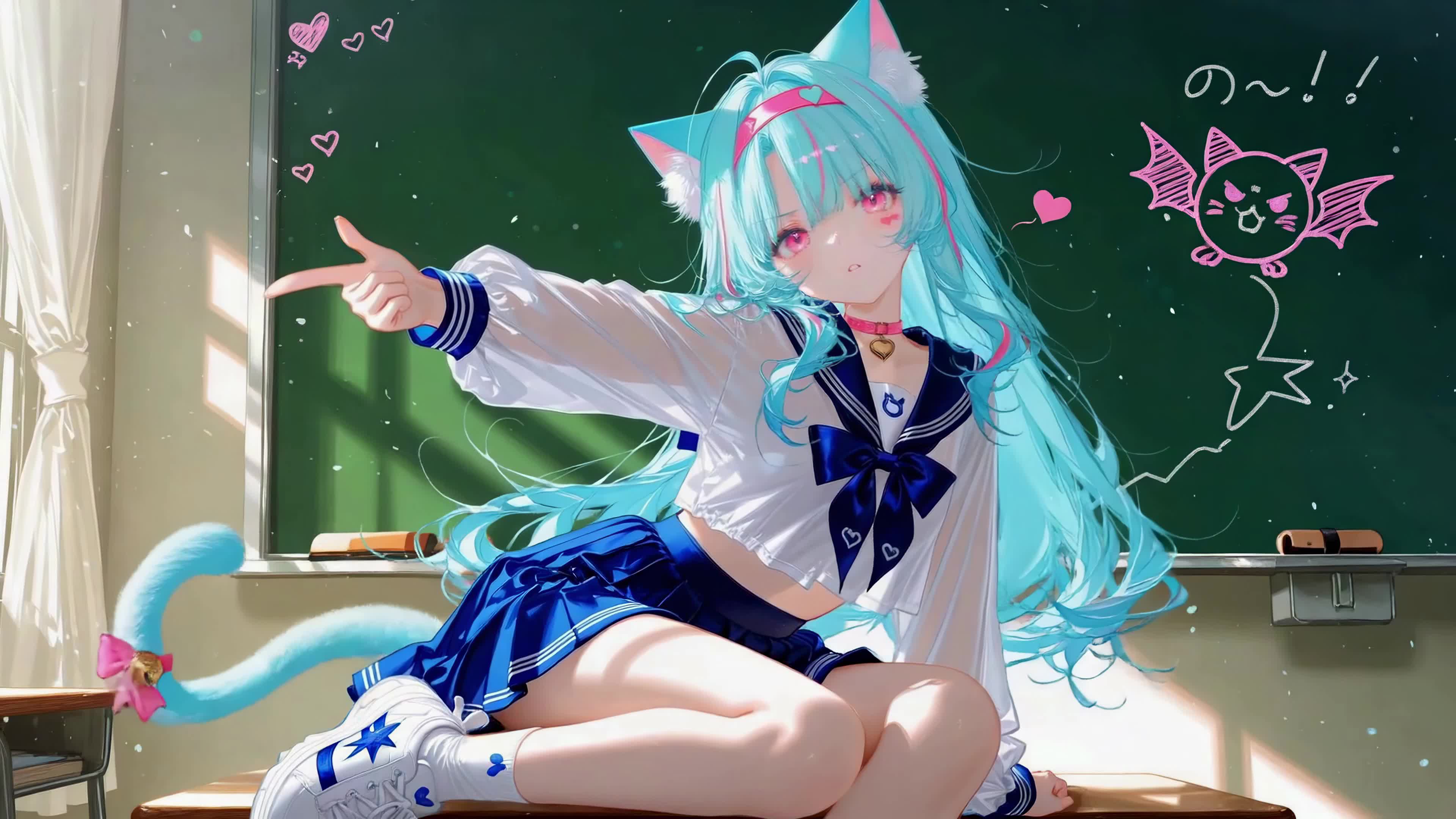 教室蓝发猫耳少女