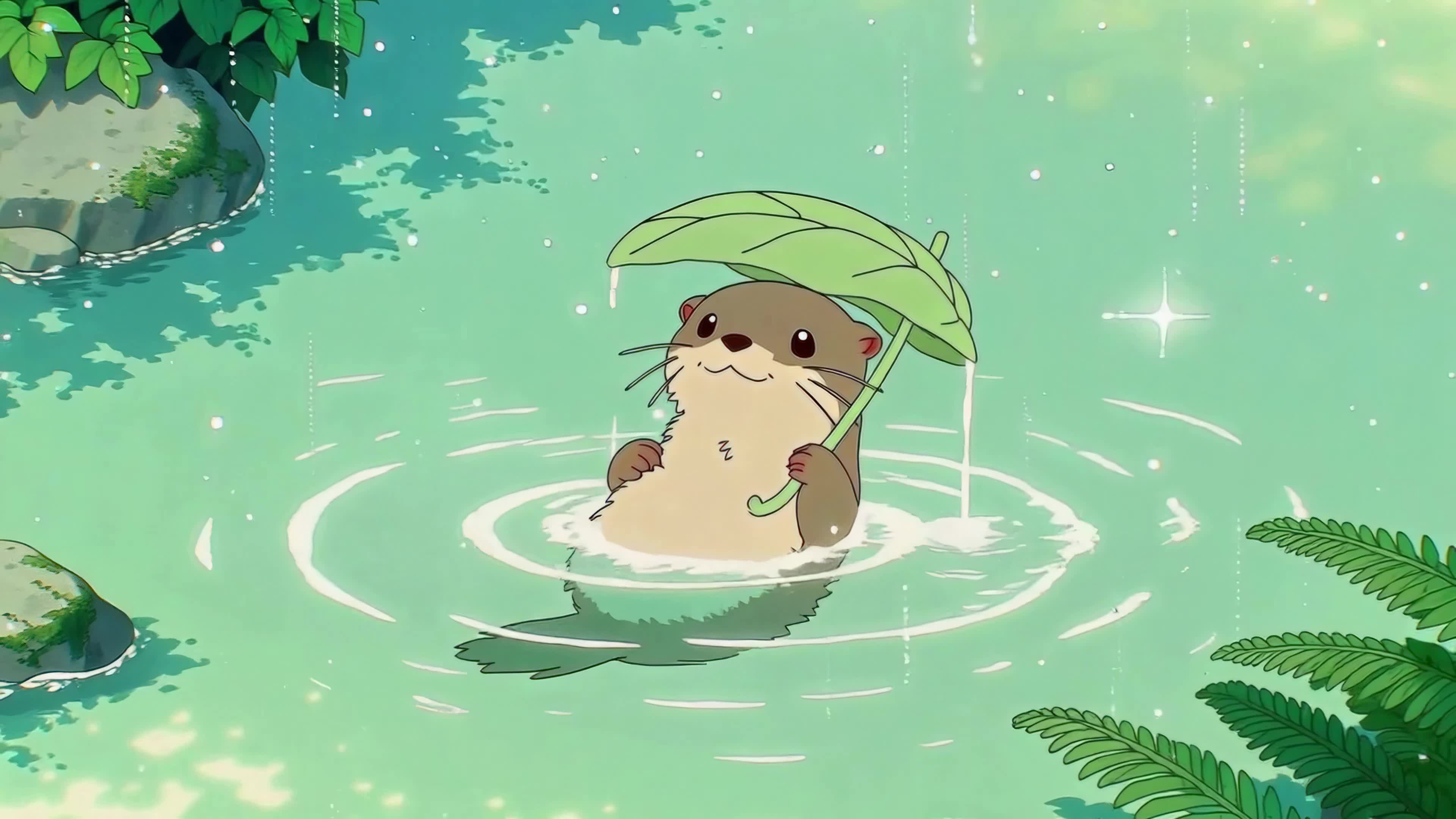 溪中撑叶可爱水獭